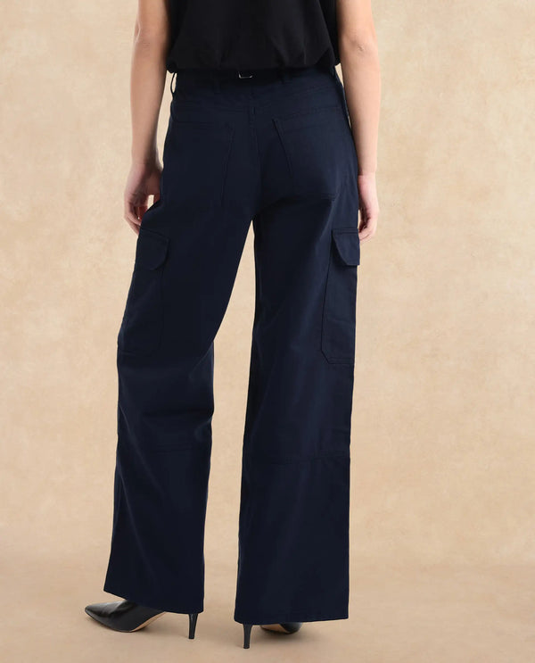 Rareism Women Itsiz Navy Wide Ankle Length Broad Stripes Cargo Trouser