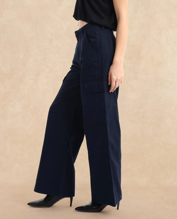 Rareism Women Itsiz Navy Wide Ankle Length Broad Stripes Cargo Trouser