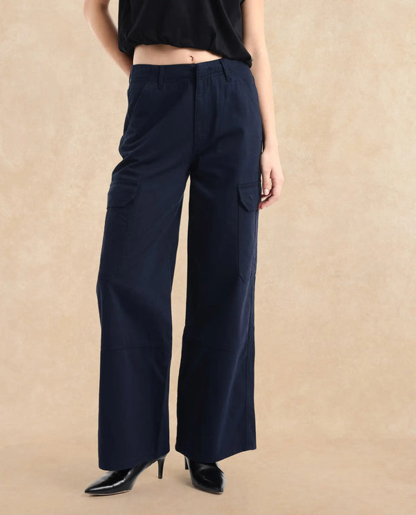 Rareism Women Itsiz Navy Wide Ankle Length Broad Stripes Cargo Trouser