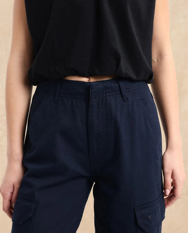 Rareism Women Itsiz Navy Wide Ankle Length Broad Stripes Cargo Trouser