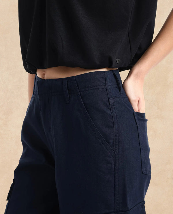 Rareism Women Itsiz Navy Wide Ankle Length Broad Stripes Cargo Trouser