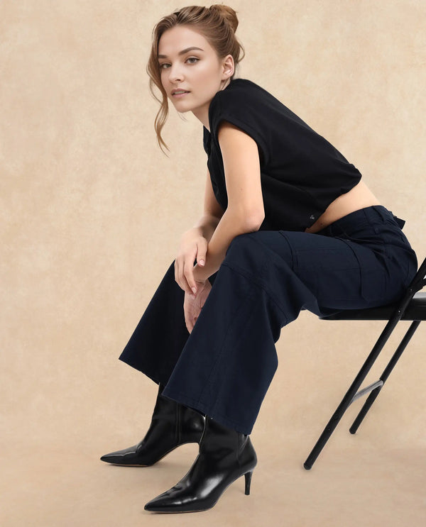 Rareism Women Itsiz Navy Wide Ankle Length Broad Stripes Cargo Trouser