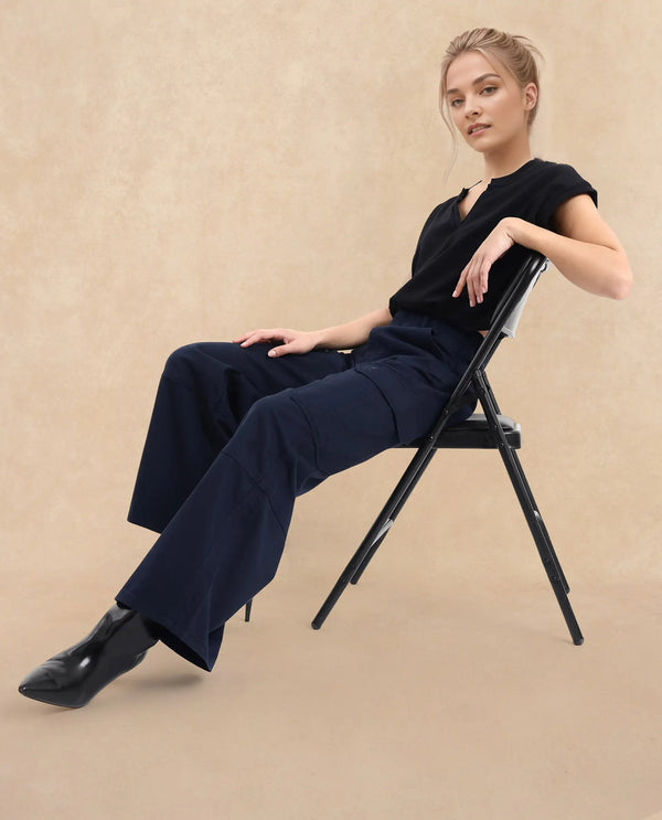 Rareism Women Itsiz Navy Wide Ankle Length Broad Stripes Cargo Trouser