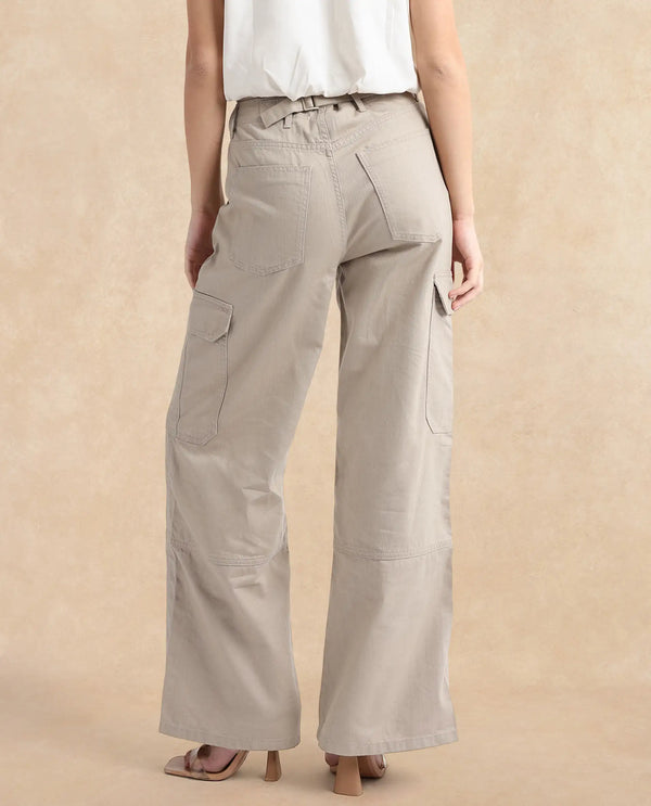 Rareism Women Itsiz-SC Off Beige Wide Ankle Length Broad Stripes Cargo Trouser