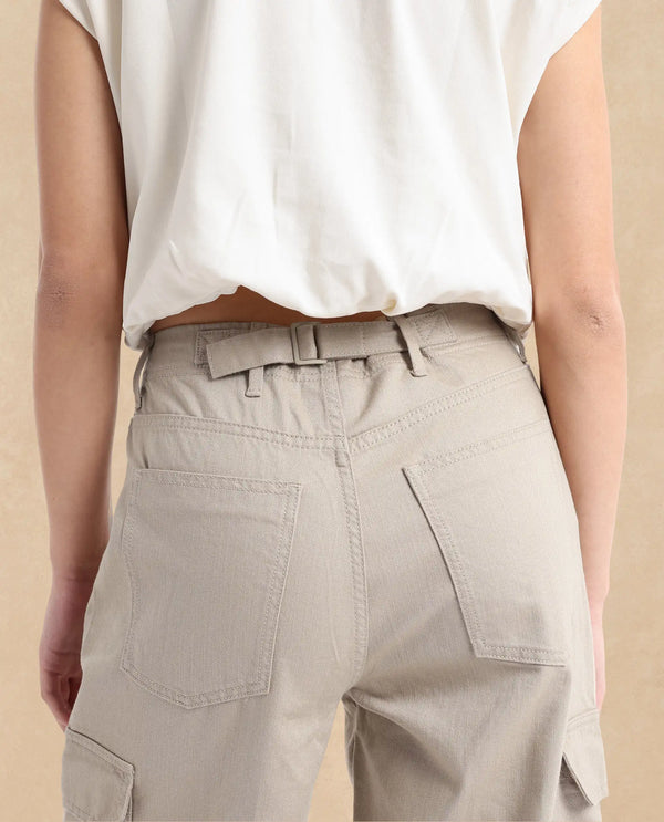 Rareism Women Itsiz-SC Off Beige Wide Ankle Length Broad Stripes Cargo Trouser