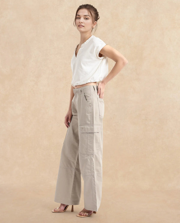 Rareism Women Itsiz-SC Off Beige Wide Ankle Length Broad Stripes Cargo Trouser