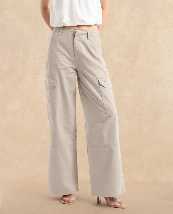 Rareism Women Itsiz-SC Off Beige Wide Ankle Length Broad Stripes Cargo Trouser