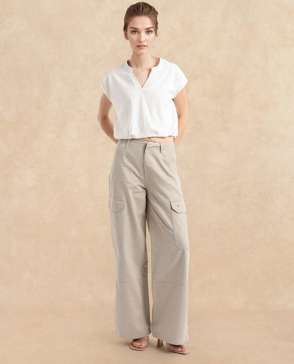 Rareism Women Itsiz-SC Off Beige Wide Ankle Length Broad Stripes Cargo Trouser