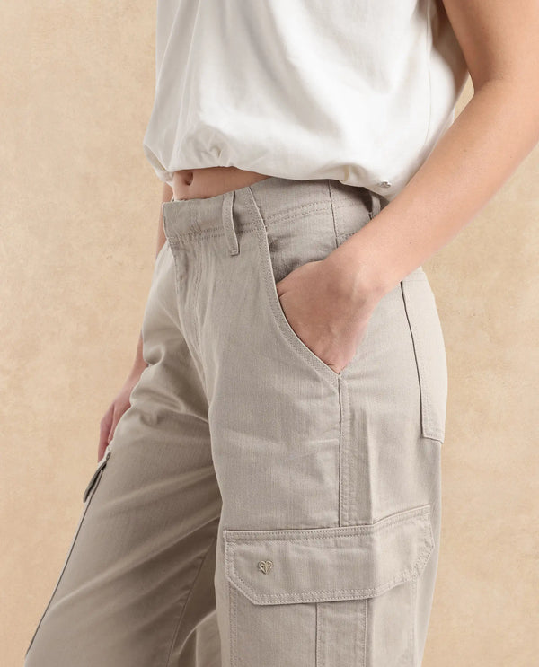 Rareism Women Itsiz-SC Off Beige Wide Ankle Length Broad Stripes Cargo Trouser
