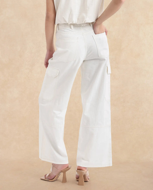 Rareism Women Itsiz Off White Wide Ankle Length Broad Stripes Cargo Trouser