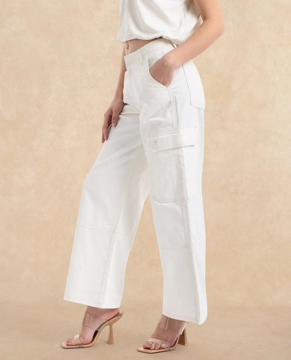 Rareism Women Itsiz Off White Wide Ankle Length Broad Stripes Cargo Trouser