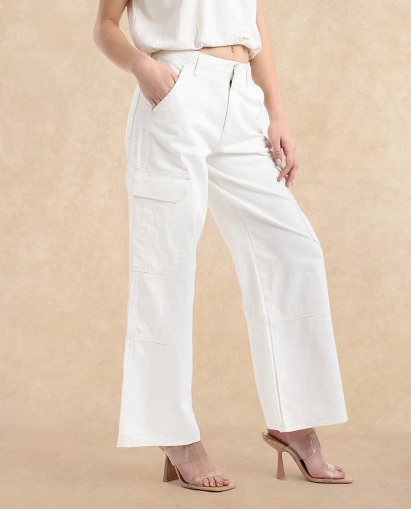 Rareism Women Itsiz Off White Wide Ankle Length Broad Stripes Cargo Trouser