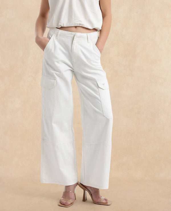 Rareism Women Itsiz Off White Wide Ankle Length Broad Stripes Cargo Trouser