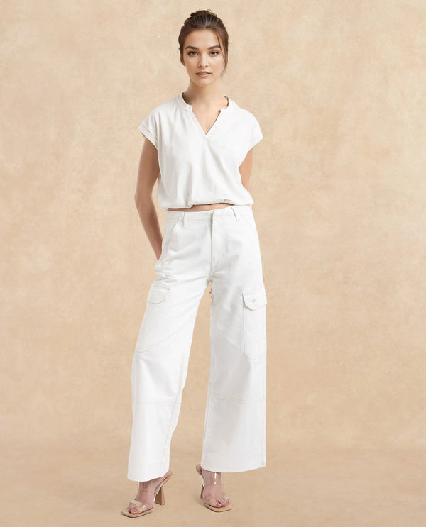 Rareism Women Itsiz Off White Wide Ankle Length Broad Stripes Cargo Trouser