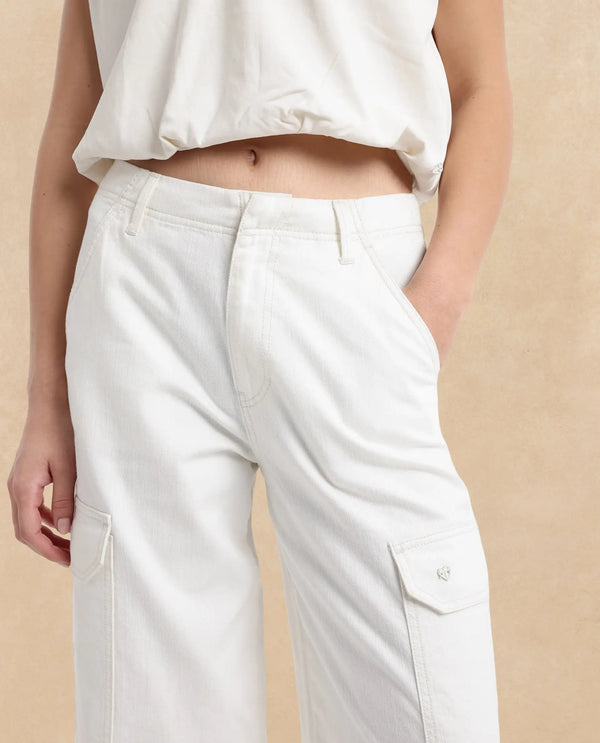 Rareism Women Itsiz Off White Wide Ankle Length Broad Stripes Cargo Trouser