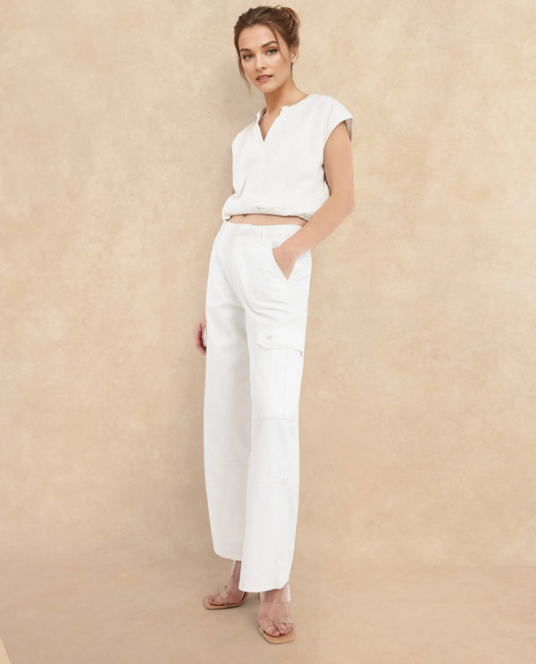 Rareism Women Itsiz Off White Wide Ankle Length Broad Stripes Cargo Trouser