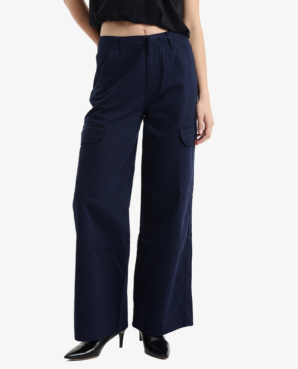 Rareism Women Itsiz Navy Wide Ankle Length Broad Stripes Cargo Trouser