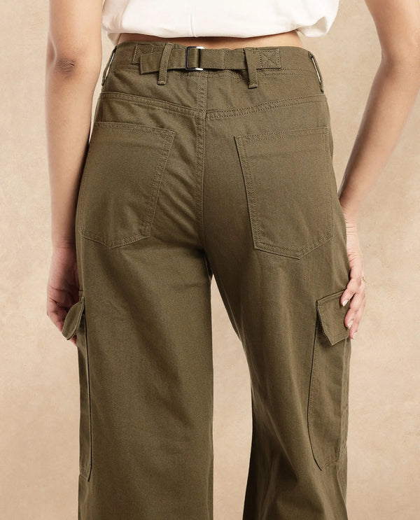 Rareism Women Itsiz-SC Olive Wide Wide Ankle Length Broad Stripes Cargo Trouser