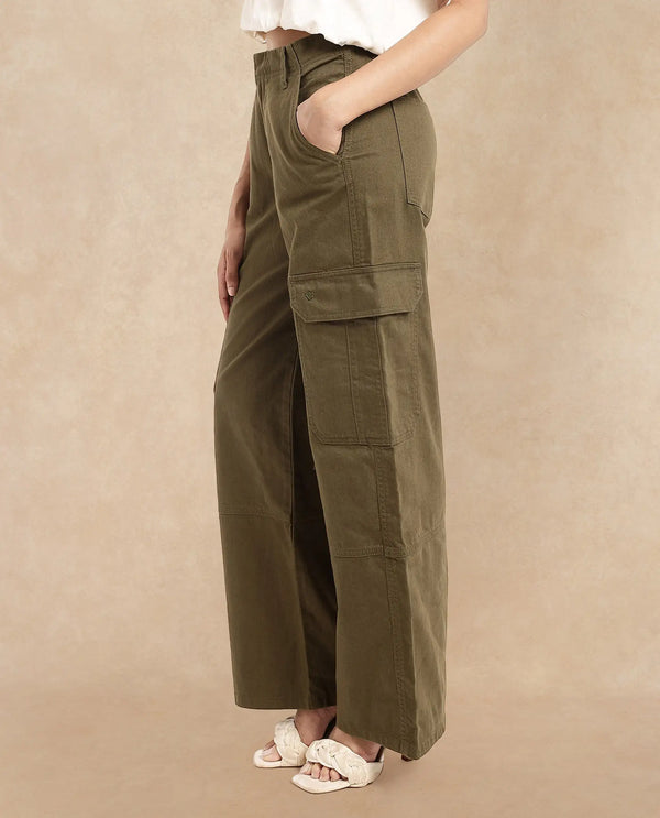 Rareism Women Itsiz Olive Wide Wide Ankle Length Broad Stripes Cargo Trouser