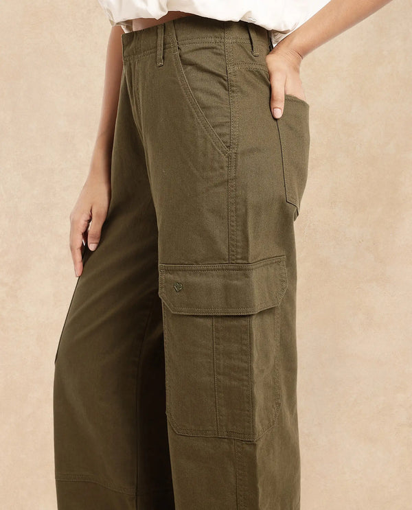 Rareism Women Itsiz-SC Olive Wide Wide Ankle Length Broad Stripes Cargo Trouser