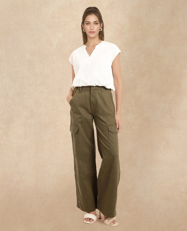Rareism Women Itsiz Olive Wide Wide Ankle Length Broad Stripes Cargo Trouser