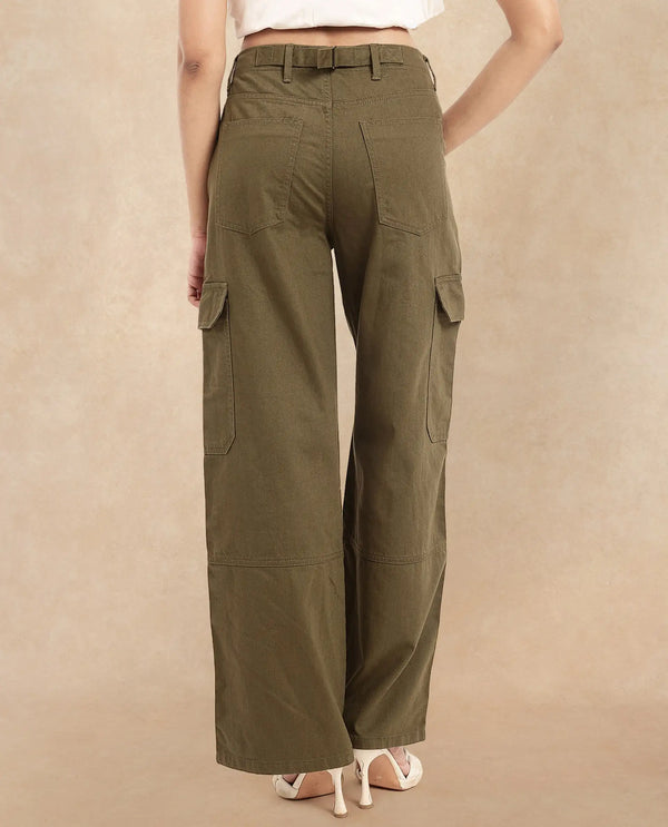 Rareism Women Itsiz-SC Olive Wide Wide Ankle Length Broad Stripes Cargo Trouser