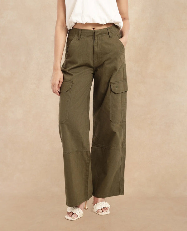 Rareism Women Itsiz-SC Olive Wide Wide Ankle Length Broad Stripes Cargo Trouser