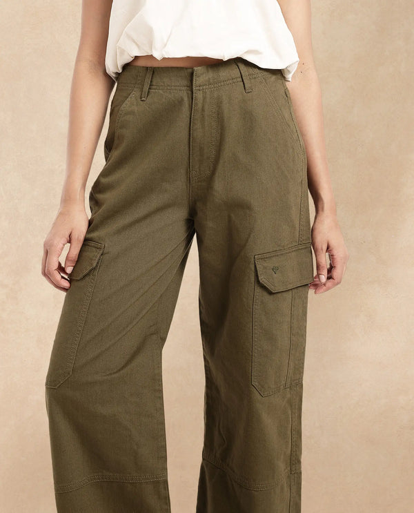 Rareism Women Itsiz-SC Olive Wide Wide Ankle Length Broad Stripes Cargo Trouser