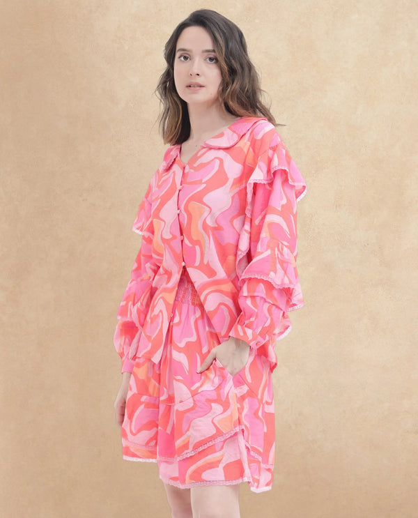 Rareism Women Ivan Multi Viscose Nylon Fabric Full Sleeves Button Closure Peter Pan Bishop Sleeve Regular Fit Abstract Print Top