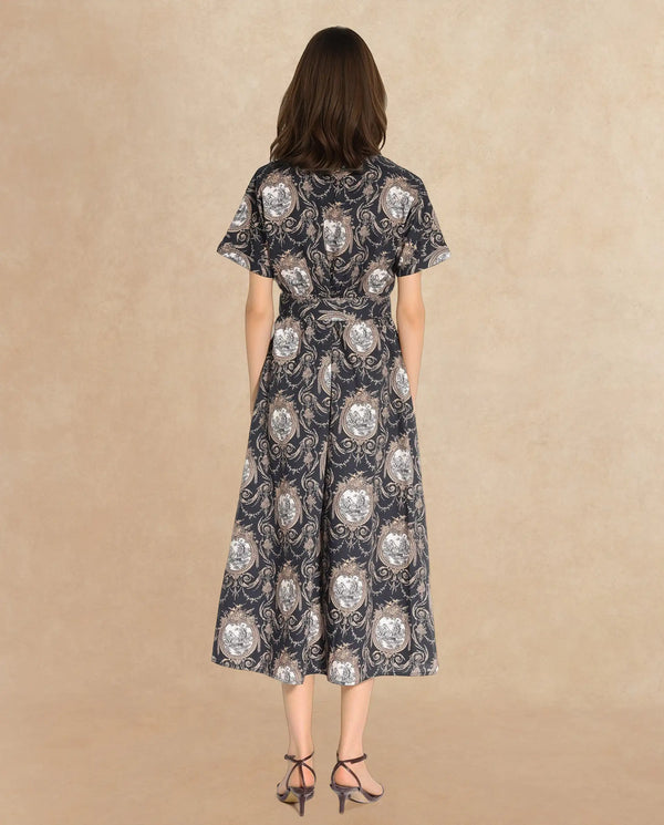 Rareism Women Ivnat Black Short Sleeve Collared Neck Button Closure Fit And Flare Maxi Ornamental Print Dress