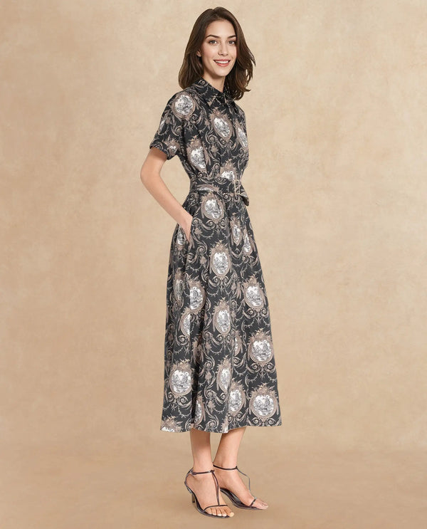 Rareism Women Ivnat Black Short Sleeve Collared Neck Button Closure Fit And Flare Maxi Ornamental Print Dress