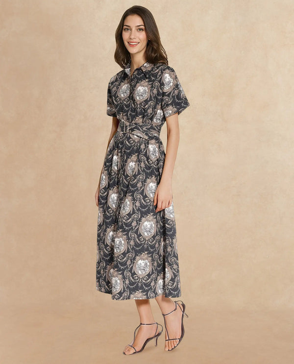 Rareism Women Ivnat Black Short Sleeve Collared Neck Button Closure Fit And Flare Maxi Ornamental Print Dress
