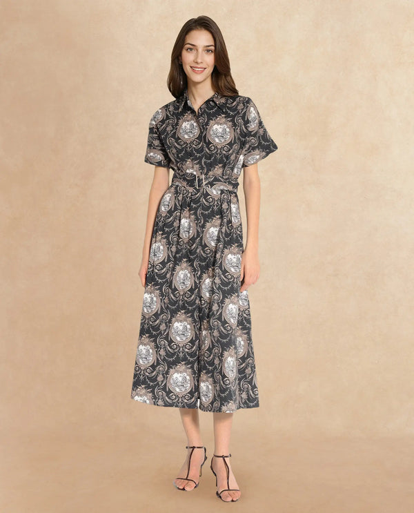 Rareism Women Ivnat Black Short Sleeve Collared Neck Button Closure Fit And Flare Maxi Ornamental Print Dress