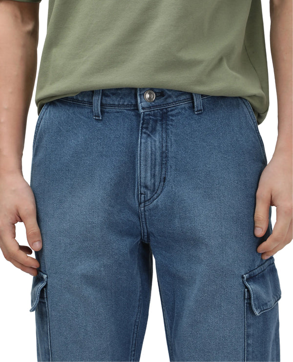 Rare Rabbit Men's Ivo Blue Cotton Fabric Mid Wash Mid Rise Cargo Style Baggy Fit Cut and Sew Plain Jeans