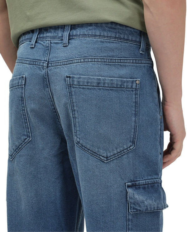 Rare Rabbit Men's Ivo Blue Cotton Fabric Mid Wash Mid Rise Cargo Style Baggy Fit Cut and Sew Plain Jeans