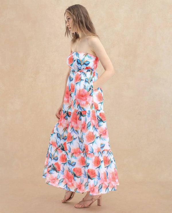 Rareism Women's Izabelle Multi Cotton Fabric Shoulder Straps Slip-On Closure Sleeveless Floral Print Fit And Flare Maxi Dress