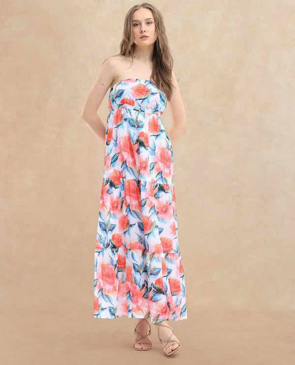 Rareism Women's Izabelle Multi Cotton Fabric Shoulder Straps Slip-On Closure Sleeveless Floral Print Fit And Flare Maxi Dress