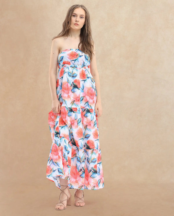 Rareism Women's Izabelle Multi Cotton Fabric Shoulder Straps Slip-On Closure Sleeveless Floral Print Fit And Flare Maxi Dress