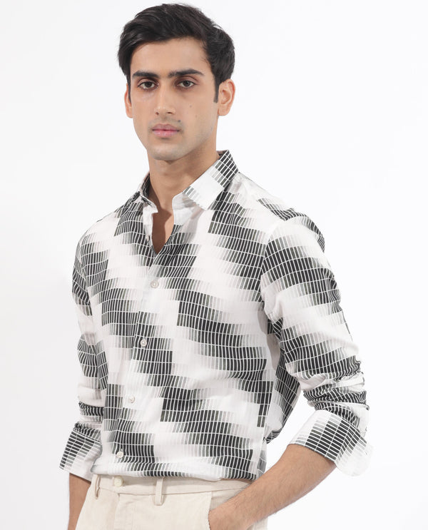 Rare Rabbit Mens Jace Black Viscose Fabric  Full Sleeve Geometric Print Shirt