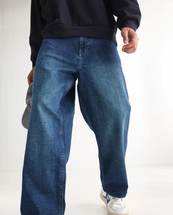 Rare Rabbit Men's Jace Blue Cotton Blend Fabric Baggy Fit Plain Jeans