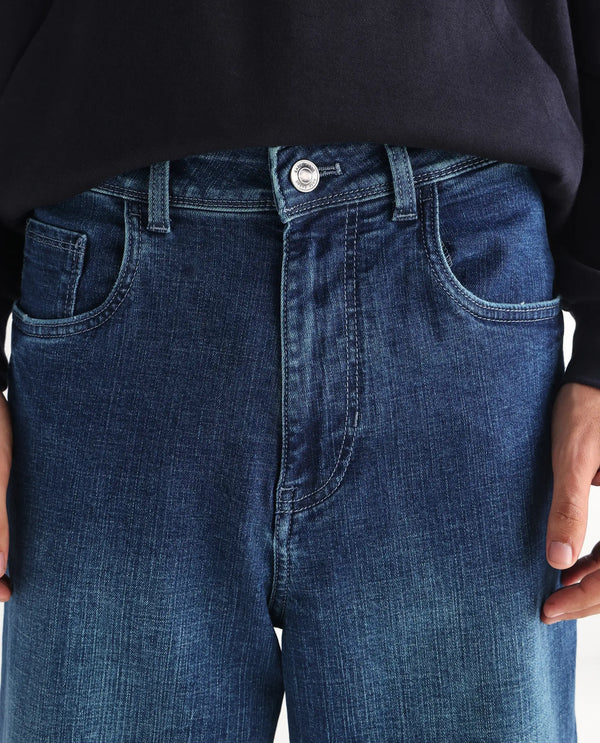 Rare Rabbit Men's Jace Blue Cotton Blend Fabric Baggy Fit Plain Jeans