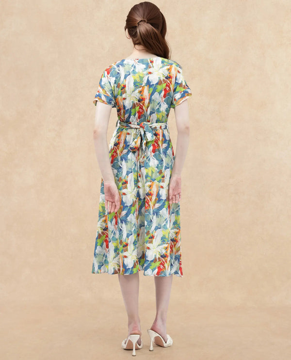 Rareism Women Jaci Light Multi Poly Lycra Fabric Short Sleeve Over Lap Neck Wrap Floral Print Regular Fit Dress