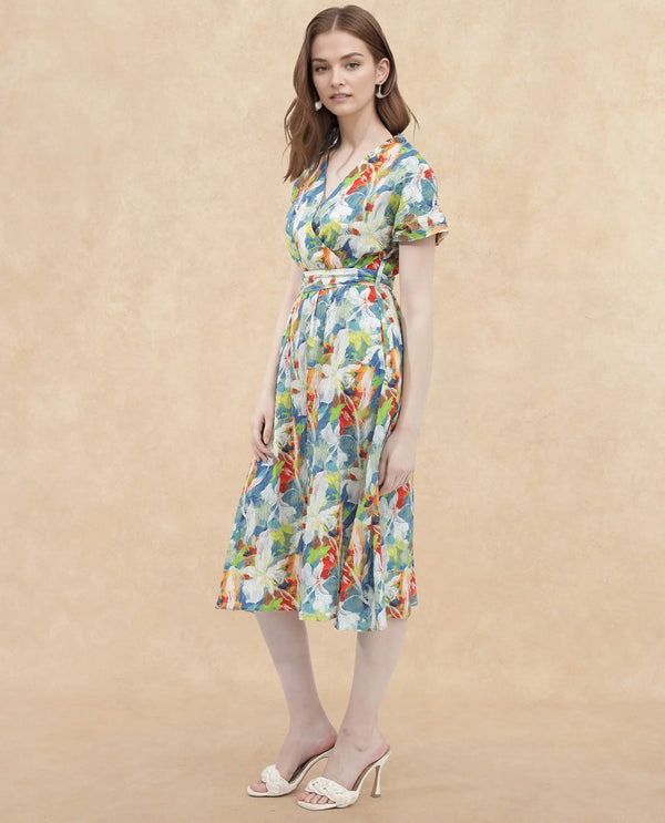 Rareism Women Jaci Light Multi Poly Lycra Fabric Short Sleeve Over Lap Neck Wrap Floral Print Regular Fit Dress