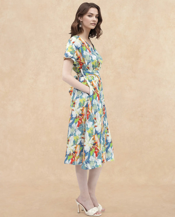 Rareism Women Jaci Light Multi Poly Lycra Fabric Short Sleeve Over Lap Neck Wrap Floral Print Regular Fit Dress