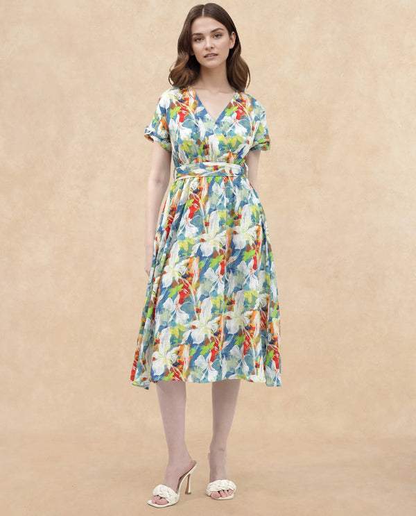 Rareism Women Jaci Light Multi Poly Lycra Fabric Short Sleeve Over Lap Neck Wrap Floral Print Regular Fit Dress