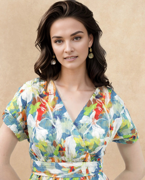 Rareism Women Jaci Light Multi Poly Lycra Fabric Short Sleeve Over Lap Neck Wrap Floral Print Regular Fit Dress