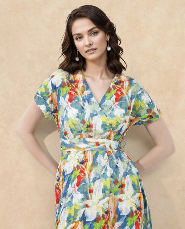 Rareism Women Jaci Light Multi Poly Lycra Fabric Short Sleeve Over Lap Neck Wrap Floral Print Regular Fit Dress