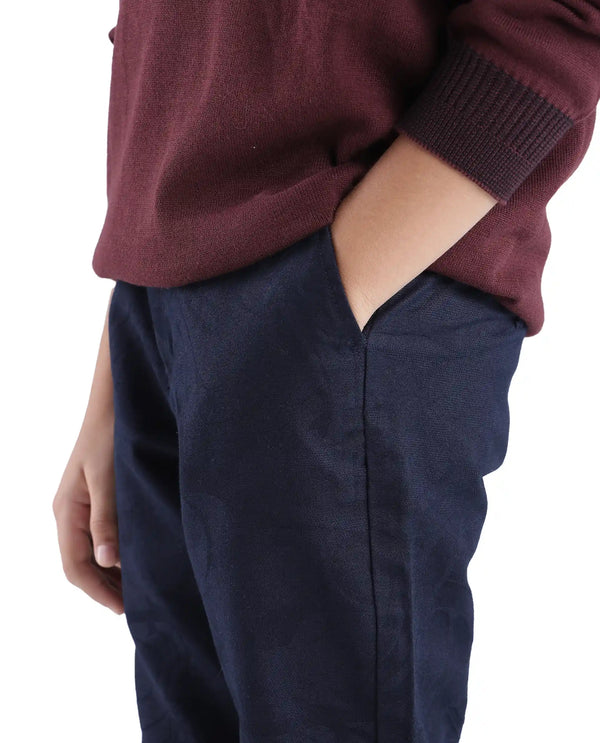 Rare Ones Kids Jack Navy Cotton Solid Button And Zipper Clouser Regular Fit Trouser