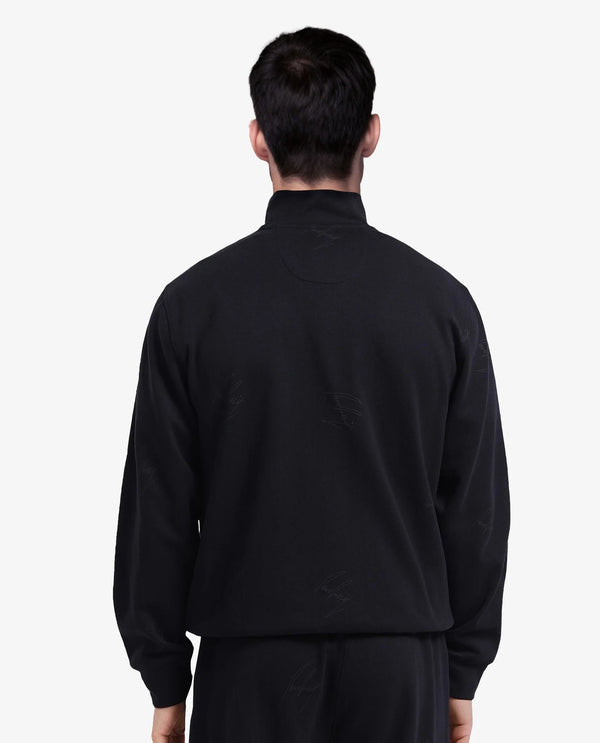 Rare Rabbit Men Jacksign Black Cotton Blend Fabric Full Sleeve High Neck Zipper Closure Signature Printed Jacket
