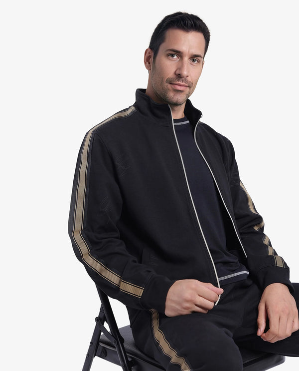 Rare Rabbit Men Jacksign Black Cotton Blend Fabric Full Sleeve High Neck Zipper Closure Signature Printed Jacket